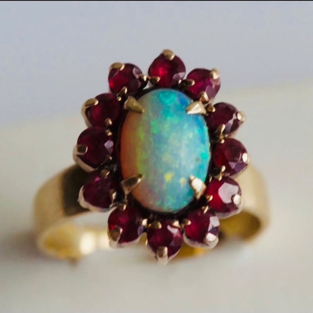 18k solid yellow gold Art Deco era opal ruby ring